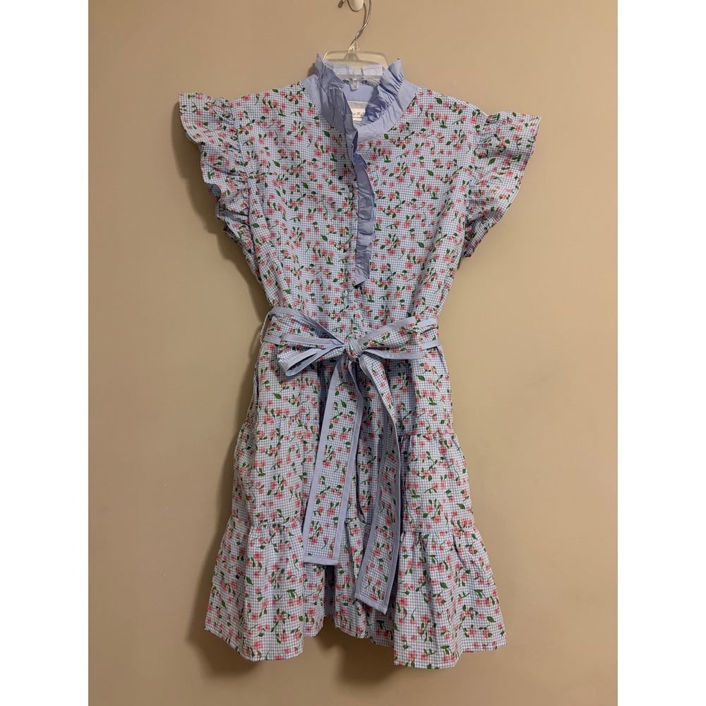 Shop the Mint Mini Dress Women Medium Blue Gingham Floral Ruffle Tiered MJD223